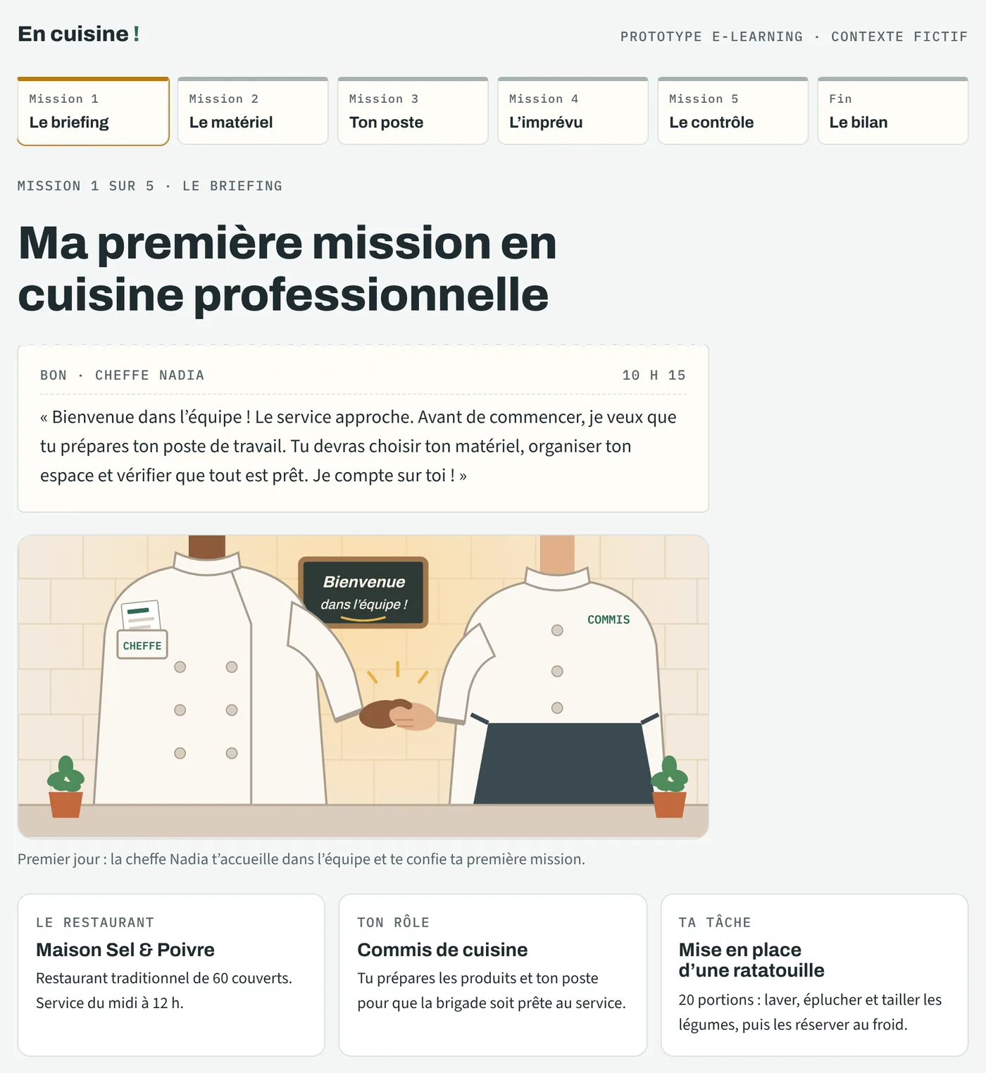 Écran de la mission 1 : message de bienvenue de la cheffe Nadia, illustration de l’accueil et cartes de contexte (restaurant, rôle, tâche).