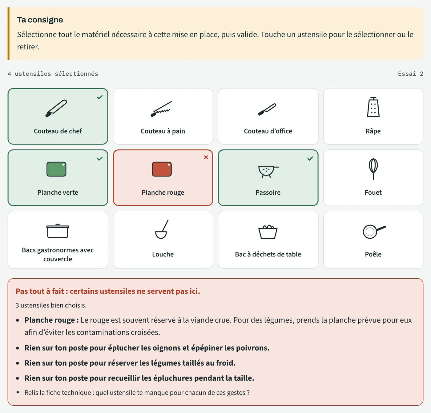 Écran de la mission 2 : grille de 12 ustensiles, planche rouge marquée comme erreur et feedback listant les gestes restés sans outil.