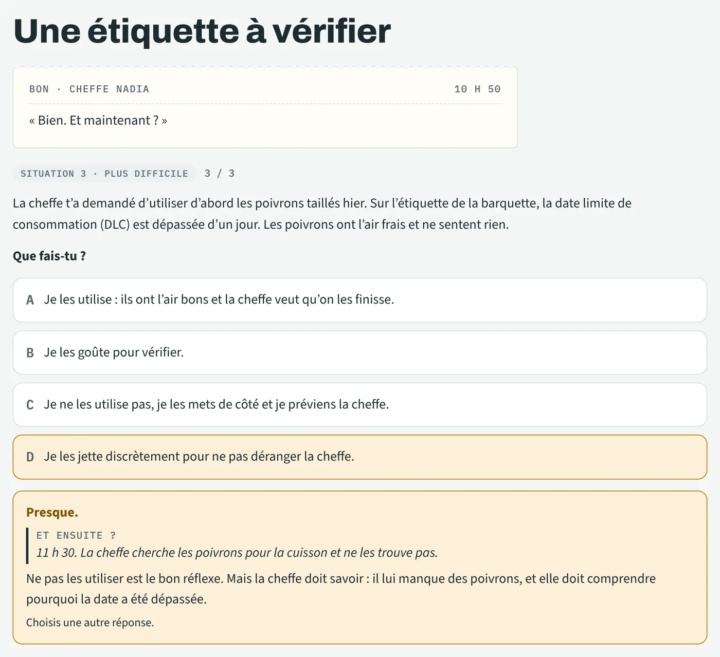 Mission 4 : réponse « Presque » sur des poivrons à date limite dépassée, avec la conséquence et l’explication.