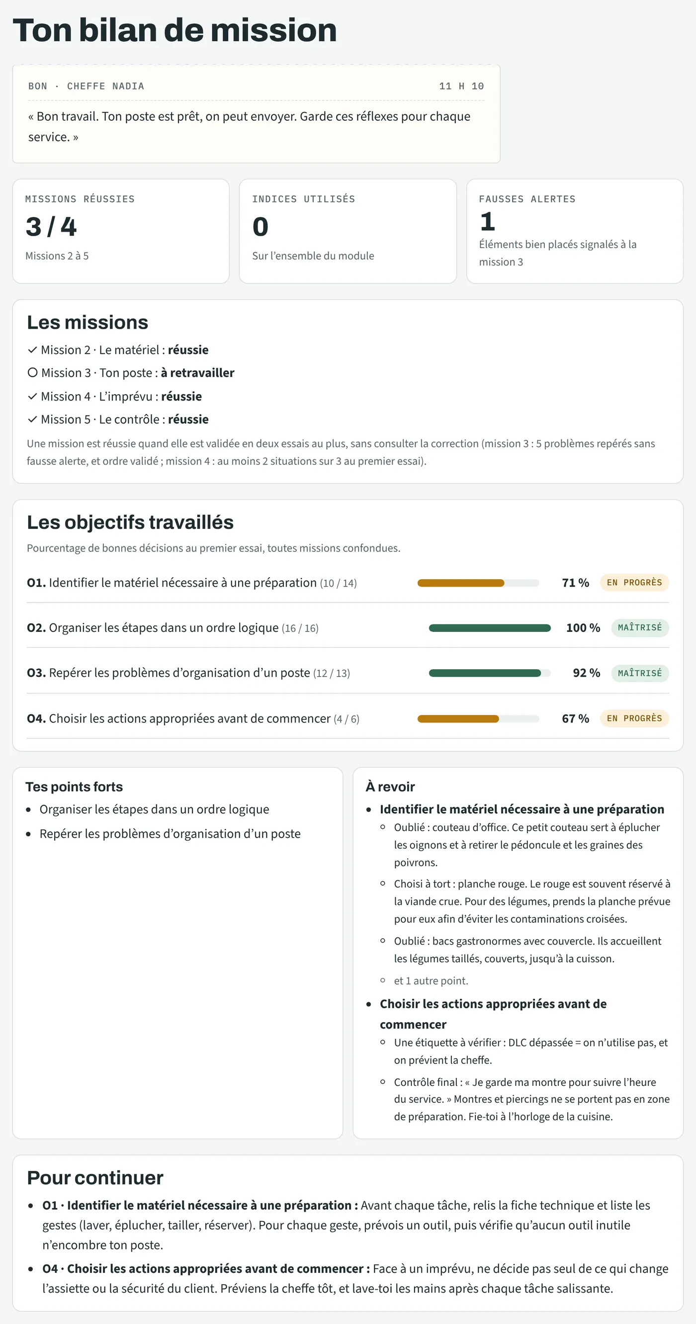 Écran du bilan : missions réussies, indices utilisés, fausses alertes, pourcentage par objectif, points forts, erreurs à revoir et recommandations.