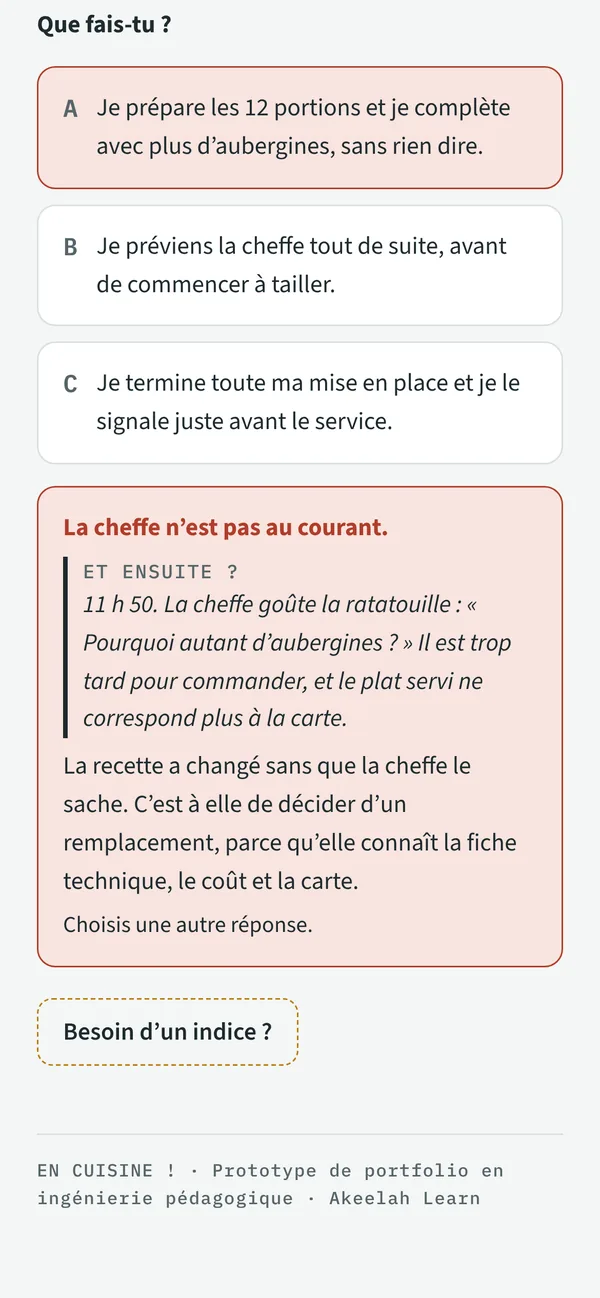 Vue téléphone de la mission 4 : un mauvais choix, sa conséquence « Et ensuite ? » puis l’explication.
