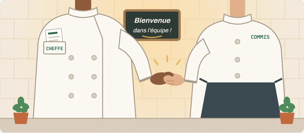 Illustration du module : la cheffe accueille le commis d’une poignée de main sous une ardoise « Bienvenue dans l’équipe ! ».