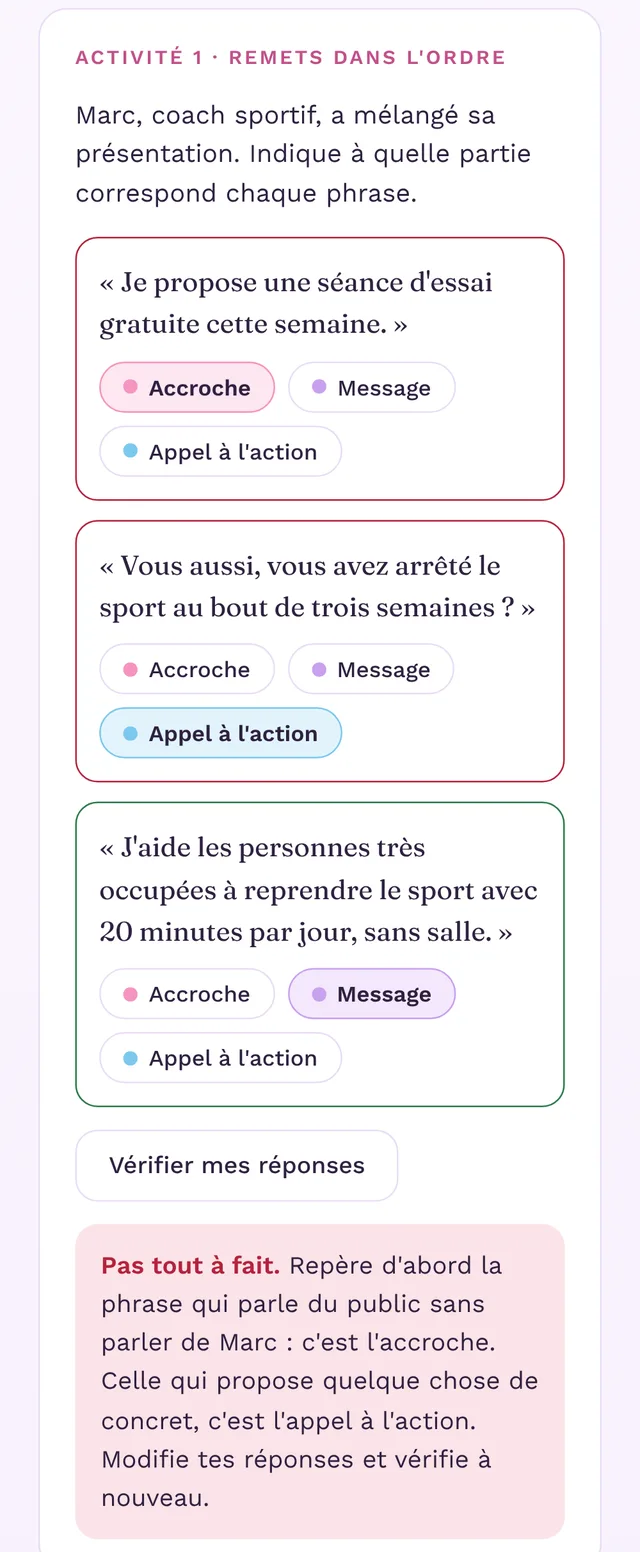 Activité « Remets dans l’ordre » : deux phrases mal classées entourées de rouge et un feedback « Pas tout à fait » qui explique comment repérer l’accroche et l’appel à l’action.