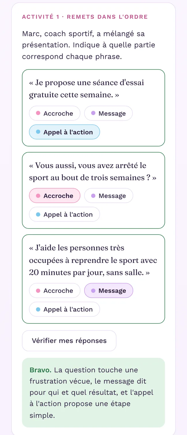 La même activité réussie : trois phrases bien classées entourées de vert et un feedback « Bravo » qui rappelle le rôle de chaque partie.