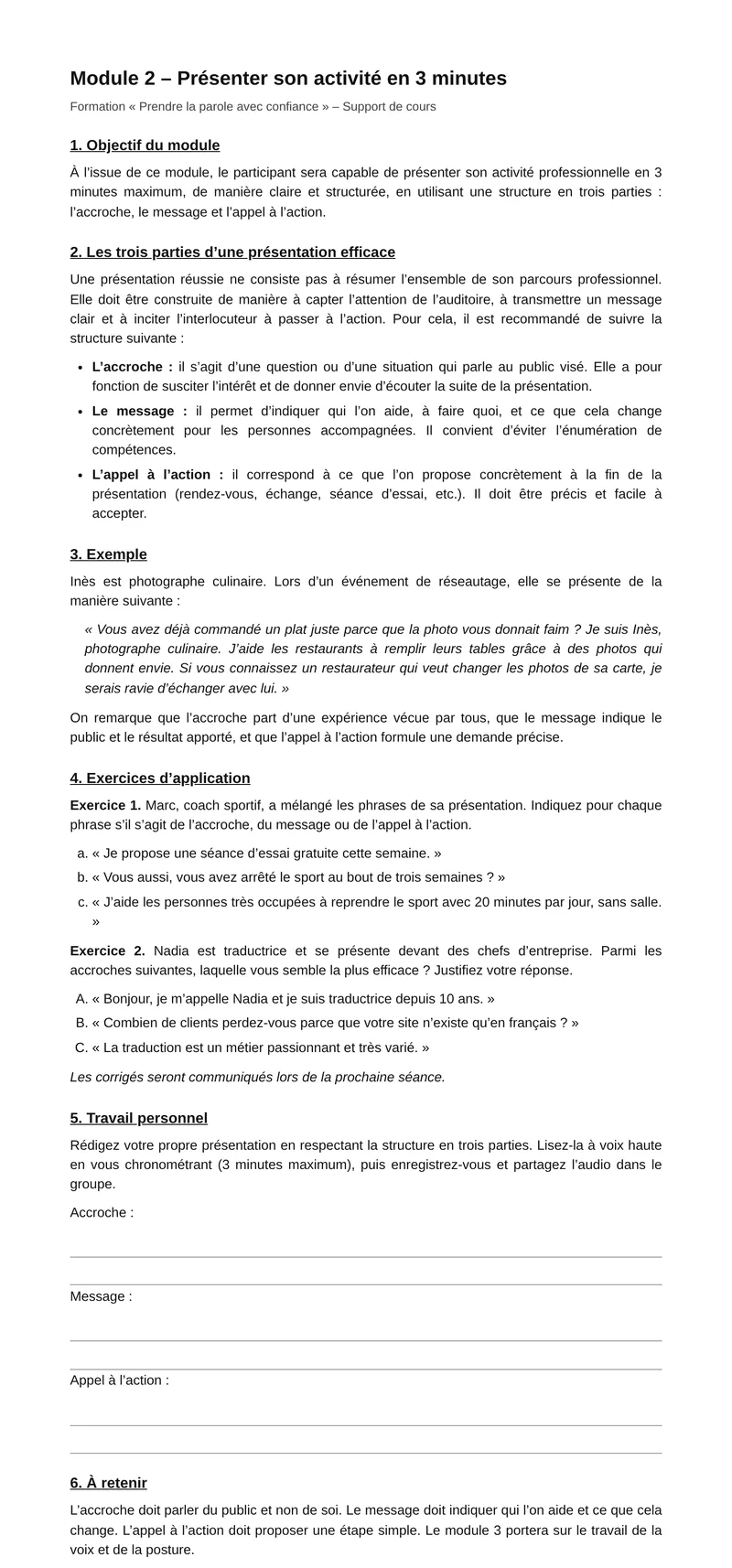 Le support PDF d’origine : une page de texte dense avec objectif, les trois parties d’une présentation, un exemple, deux exercices et un travail personnel à rédiger sur des lignes.
