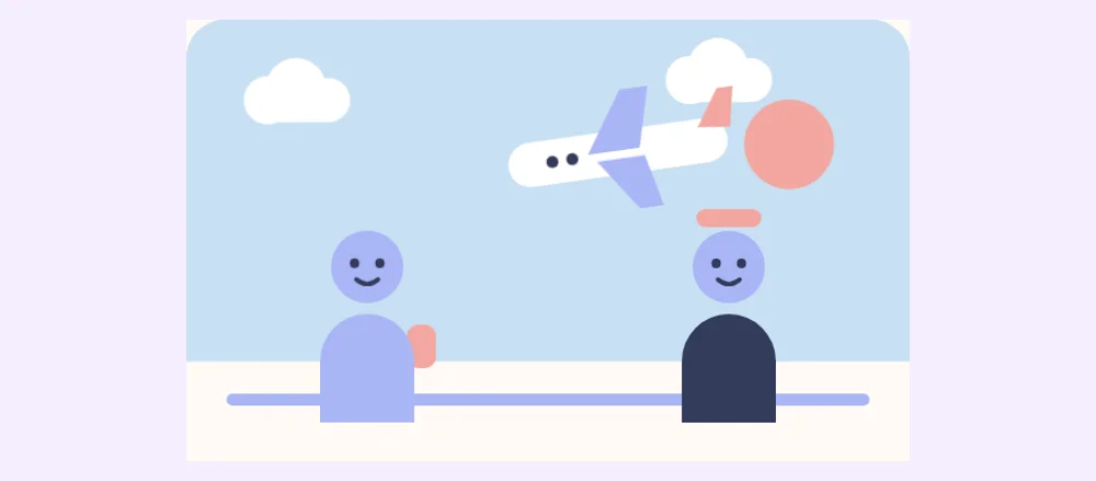 Illustration du jeu : un enfant avec son sac à dos et une hôtesse à l’aéroport, un avion dans le ciel.